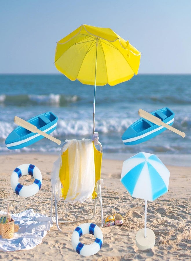 Begino 4 Sets of Miniature Rowboat Mini Blue Boat with Oars Figurines Micro Landscape Life Buoy Blue Beach Umbrellas Canoe Models Ocean Beach Scene Ornaments - Image 5